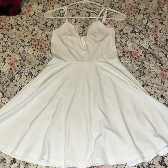 white spaghetti strap fit and flare dress Jane Summers Isabella Backless Short White Rehearsal Dinner and Wedding Dress 2 / White with Blush Pink Ribbon , female , adult